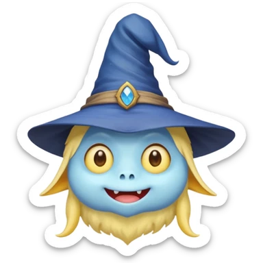 cute monster with white body, yellow tail, wearing blue sky witch hat. the face facing the front towards the 4th wall sticker