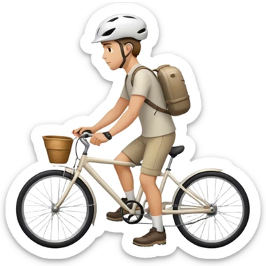 a white man walking next to his bike, a bicycle helmet on the head sticker