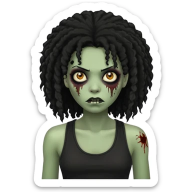 a female zombie with sage green skin, black long afro afro hair with edges, and a black tank top  sticker