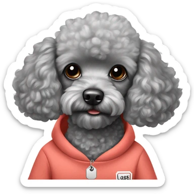 Gray toy poodle with a sweatshirt with the name Louie on his tag sticker