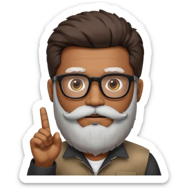 Indian software developer with beards and specs, with few white hairs in mostly black beard and hair. Hair fluffy and back brushed. Mustache pointing down and beard not neatly done sticker