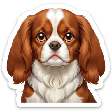 Cinematic Grumpy Blenheim Cavalier King Charles Spaniel Portrait Emoji, Head tilted slightly with a deeply unimpressed expression, thick Blenheim coat with pronounced chestnut and white markings, large, droopy brown eyes narrowed into an unamused glare, ears slightly drooping in exasperation, Simplified yet comically expressive features, highly detailed, glowing with a dry, sarcastic glow, high shine, effortlessly judgmental yet dignified, stylized with a touch of cynicism, bright but brooding, soft glowing outline, capturing the essence of an eternally unimpressed yet endearing companion, so lifelike it feels like it could sigh heavily at you in disdain at any moment! sticker
