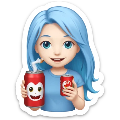 Chibi sticker of a woman with very long powder blue hair with white eyes holding a can of white Monster with a smug smile sticker