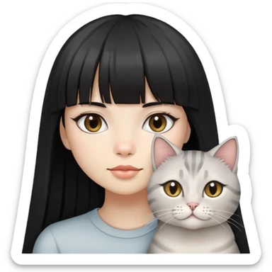 girl with long black  straight bangs hair and two light grey-shared cats sticker