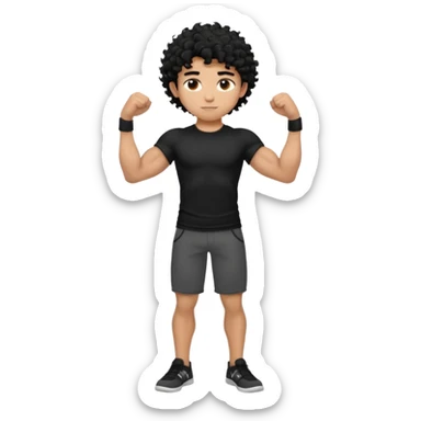 full body view of muscular teen boy with veiny hands arms and biceps. has messy black curly hair with dark-tan skintone with black tshirt sticker