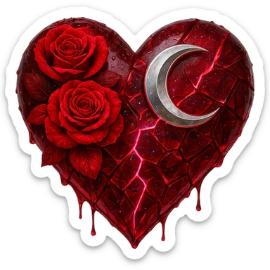 Edit the gothic heart to feature splintered deep red glass, silver crescent moon, red roses, holographic stardust, neon lightning, and a wet look. Keep the background transparent. The style should maintain the gothic heart's original look with transparent background. sticker
