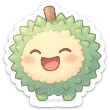 round durian in chibi style, green spiky shell, yellow flesh, soft fluffy, laughing, eyes closed, mouth wide open, soft pastel tones, full-body sticker