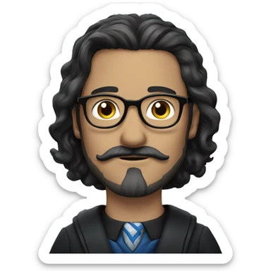 a white man with black, long and straight hair, a black mustache and glasses, ravenclaw sticker