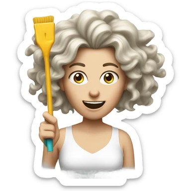 40-year-old white woman woman partying dizzyingly, with long frizzy hair and party tools. She looks dizzy, disheveled and fun sticker