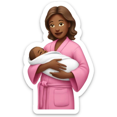 Mom holding newborn baby in a pink robe sticker