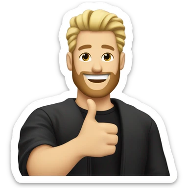 Blonde man with man bun and beard dressed in a black tshirt and black jacket giving two thumbs up and winking sticker