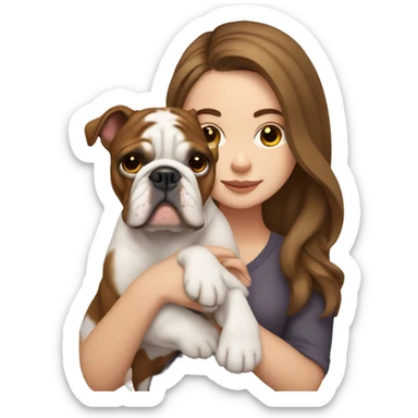 White girl with brown hair holding English bulldog sticker