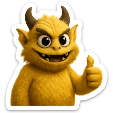 Make this yellow athletic mascot look more grown up and cooler, less like a person and more like a monster, keep the soft fuzzy texture and big eyes, giving a thumbs up, with no background. Maintain the yellow color and soft fuzzy texture with big eyes, emphasizing a monster-like character giving a thumbs up. sticker