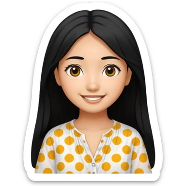 20 yr old asian woman hair white blouse with black dots center part big eyes big smile tanned skin straight black hair hippie part hair  sticker