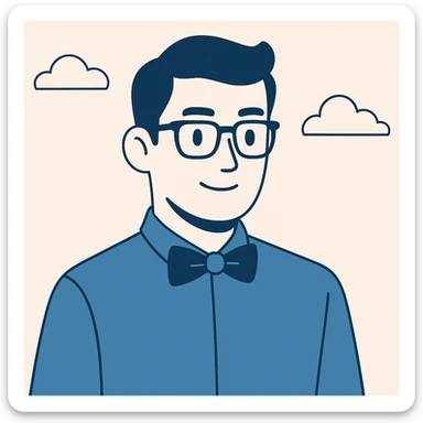 Add stylish glasses to the character wearing a green bowtie, keeping the clean, modern flat blue illustration style. sticker
