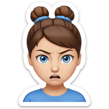 Girl with blue eyes, brown hair in a bun, angry sticker