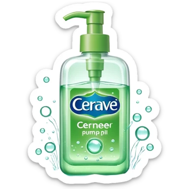 `CeraVe-shaped white rectangular pump bottle with soft green label CeraVe” stripe. Surrounded by floating water bubbles, glowing light particles, and a gentle green mist. Feels like a calm hydration spell in a bottle. Clean, glossy, emoji-style.`magical
 sticker