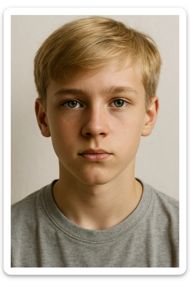 retrato realista de un niño de 13 años, pelo rubio claro, ojos verdes, fondo claro sticker