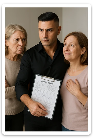 Middle-aged man standing between his menopausal wife and critical mother-in-law, body language shielding her, medical reports in hand proving her symptoms are real sticker
