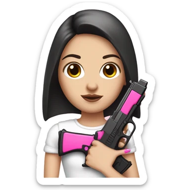 White Girl hand pink nails holding pink gun with black hair and brown eyes sticker