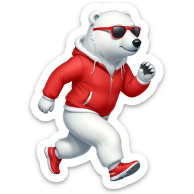 friendly anthropomorphised polar bear jogging upright, wearing bright red tracksuit and dark sunglasses sticker