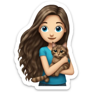 Long haired brunette blue eyed girl holding a long haired tortishell cat sticker