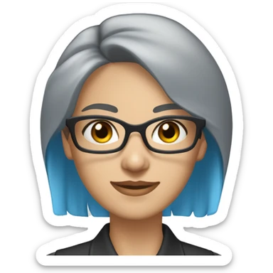 Caucasian woman with chin length choppy blue hair and grey eyes wearing light grey square-shaped glasses and a black collared shirt sticker