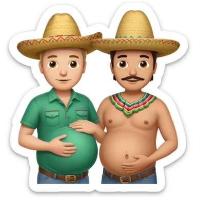 two men standing besides each other. 1 man is white, and the other man is mexican wearing a sombrero and pregnant, holding his belly.  sticker