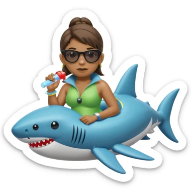orc female sitting in an inflatable floatie shaped like a shark, wearing oversized sunglasses and a whistle on a neck cord, 2d sticker