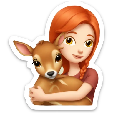 A red hair Girl cuddle a little fawn sticker