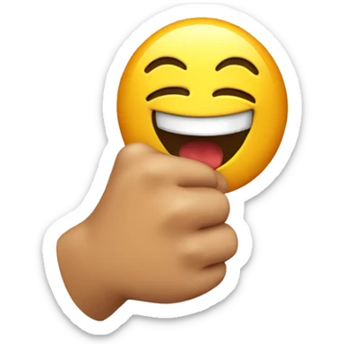 Laughing emoji holding finger guns too head sticker