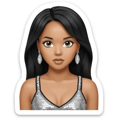 LeToya Luckett with black long hair, silver sequin crop top, silver earring sticker