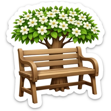 beautiful bench against the background of a tree with blooming white flowers sticker