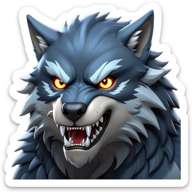 cinematic-noble-fierce-werewolf-head-close-up-emoji, poised-and-imposing, with a fierce wolfish face featuring glowing eyes full of primal ferocity, sharp, elongated fangs and a rugged snout, fur rippling in shades of midnight black and silver, muscles tensed and hunched over in an intense, threatening stance; rendered with realism, capturing the raw, untamed power of the beast beneath the moonlit sky sticker