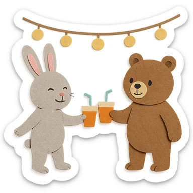 full-body bunny and bear clinking juice cups under string lights, paper-craft style sticker