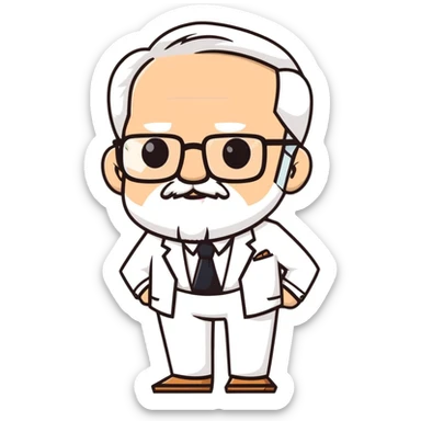 Colonel Sanders, old white man with square glasses, white goatee beard, white suit, KFC founder sticker