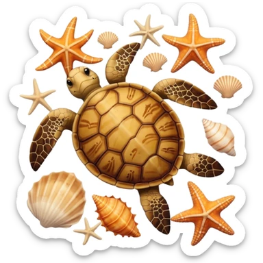 turtle, starfish, and shells together with a beach background, top-down view sticker