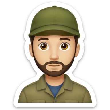 Apple emoji style young man with light skin, short stubble beard, dark eyes, olive green cap, dark brown hair. Clean shapes, soft gradients, friendly expression. sticker