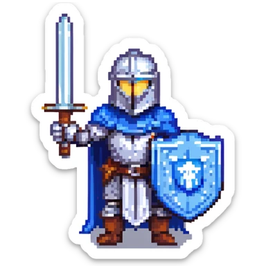 pixel art knight with blue cape, gray iron iron sword and blue iron shield sticker