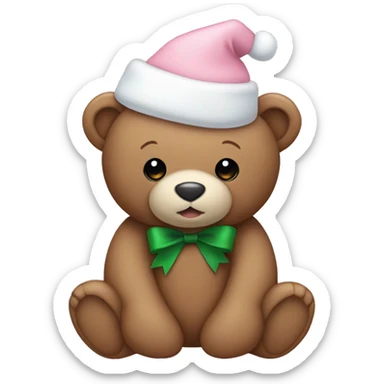 teddy bear with a pale pink christmas hat and a white bow sticker