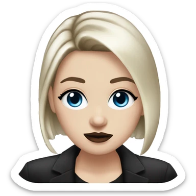 Slavic adult woman, goth eyes makeup, pink lips, blue eyes, medium bob black-to-blonde ombre hair, white T-shirt and black office jacket. sticker