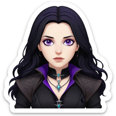 Yennefer from Witcher with long black hair, violet eyes, pale skin, wearing black clothes sticker