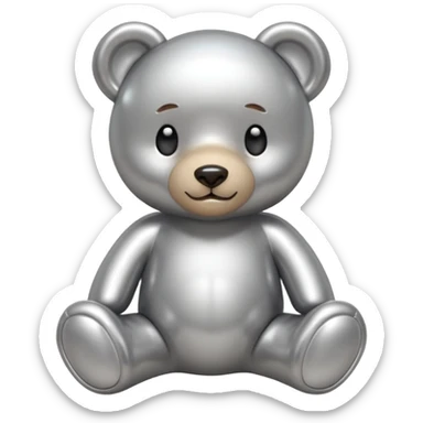 A cute teddy bear emoji made of liquid silver chrome, smooth rounded body, glossy metallic surface, soft reflections, friendly proportions, iOS emoji style, centered, clean white background sticker