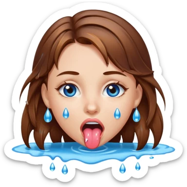 Girl with brown hair, blue eyes, a wet face and her tongue out. Can you make her face more wet? Can you add clear water droplets on her face and tongue? No water below her. Just on her face, hair and tongue. sticker