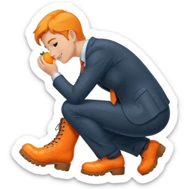 Office worker kneeling and kissing a large orange boot sticker