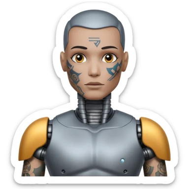 Tatooed robot, big many tatooes on chest, neck and face sticker