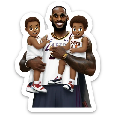 LeBron James holding two white toddler boys  sticker