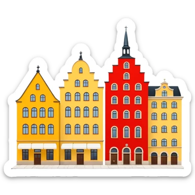 iconic yellow and red buildings in Stockholm's Stortorget square, simple sticker