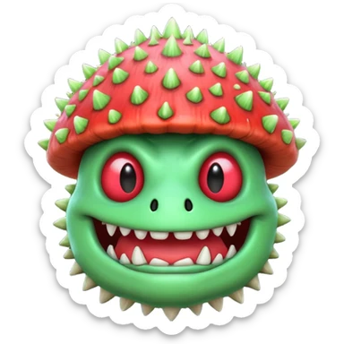 poisonous mushroom monster portrait, head and shoulders only, toxic green glow, scary grin, spiky mushroom head, 3D cartoon, mobile game icon style, clean background, no text, no watermark

 sticker