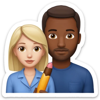A white woman next to a dark man holding his penis sticker